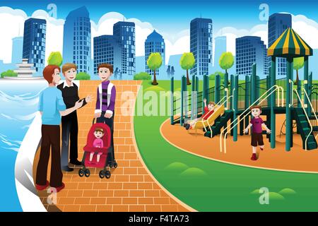 A vector illustration of a father talking to other fathers while their kids are playing in the playground Stock Vector