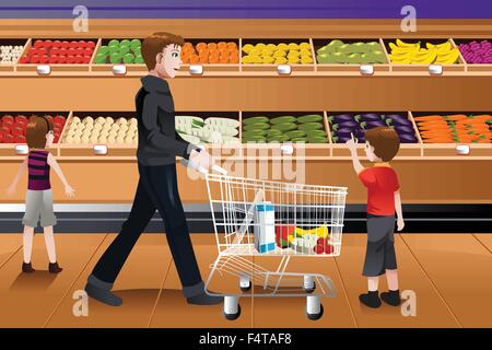 A vector illustration of father and his kids doing grocery shopping together Stock Vector