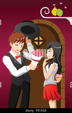 A vector illustration of a young man giving his girlfriend a bouquet of flowers on a Valentine day Stock Vector