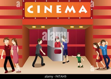 A vector illustration of young people hanging out outside a movie theater Stock Vector