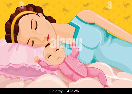 A vector illustration of mother sleeping with a baby on bed Stock Vector