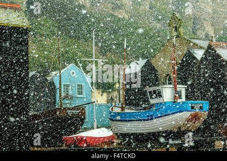 Snowing at Rock-a-Nore. Old town Hastings. England.UK Stock Photo