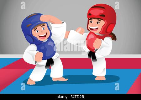 A vector illustration of kids practicing taekwondo in a dojo Stock Vector