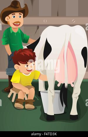 A vector illustration of farmer teaching kid how to milk a cow Stock Vector