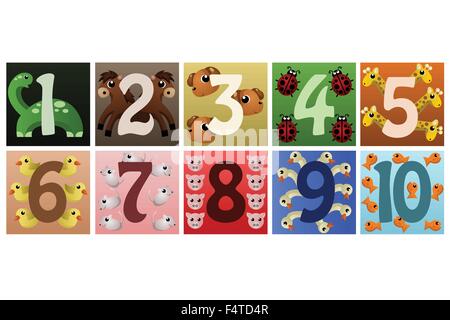 A vector illustration of a set of numbers with cute animals Stock Vector