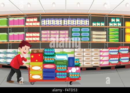 A vector illustration of man shopping in a big box store Stock Vector
