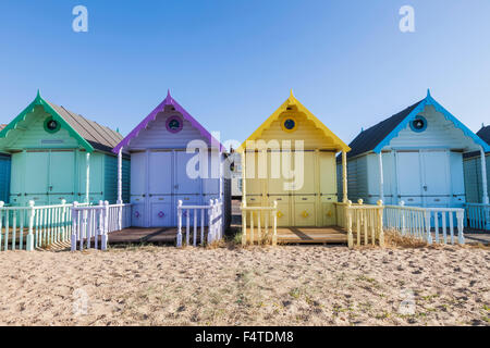 England, Essex, Mersea Island, Beach Huts Stock Photo