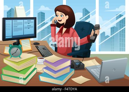 A vector illustration of busy  businesswoman talking on the phone Stock Vector