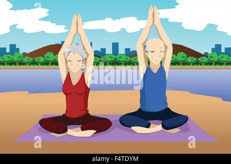 A vector illustration of senior couple doing yoga exercise Stock Vector