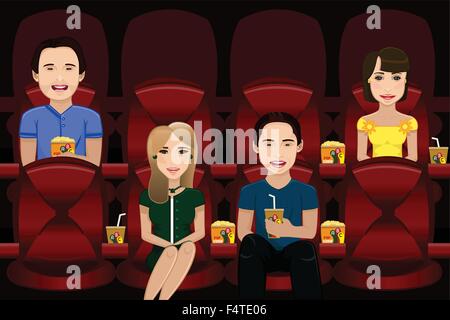 A vector illustration of people watching movie inside a movie theater Stock Vector