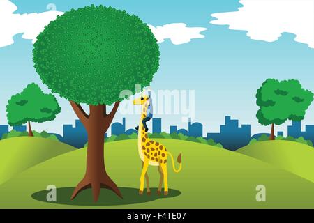 A vector illustration of man trying to reach money on a tall money tree while riding on a giraffe Stock Vector