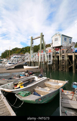 Boats moored in Freeport Harbor on the Harraseeket River, Freeport, Maine USA Stock Photo