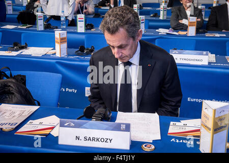 Former French Prime Minister Nicolas Sarkozy and President of Les Republicains party during second day of EPP European People Party head of states congress in Madrit, Spain on 22.10.2015 by Wiktor Dabkowski Stock Photo