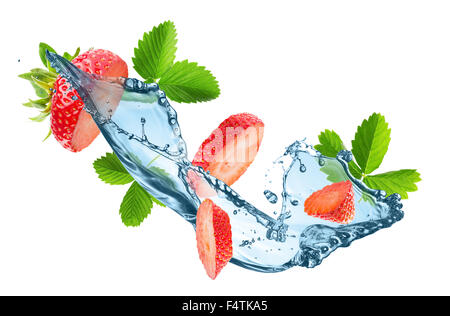 strawberries falling with water splash isolated on the white background. Stock Photo