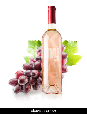 bottle of white wine with pink grape isolated on the white background. Stock Photo