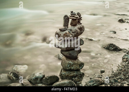 Allgäu, Bavarian, mountain brook, Germany, Europe, mark, Oybach, Oytal, stones, cairn, water, road mark Stock Photo