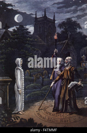 JOHN DEE (at right) with his friend Edward Kelley evoking a spirit in the churchyard of St Leonards's Church in Walton-le-Dale, Lancashire, at midnight on 12 August 1560. Coloured engraving about 1740. Stock Photo