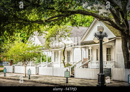 Renovated and restored wooden cottages in the Cuban immigrant neighborhoods near the cigar factories in Ybor City, FL Stock Photo