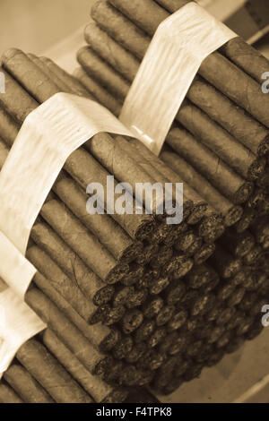 Moody, artistic and nostalgic view of Hand rolled Cuban cigars bundled and stacked in cigar factory store window Stock Photo