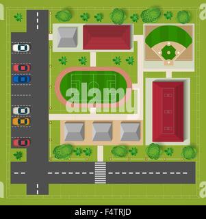 Map of a top view from the rooftops, city streets, trees and highways Stock Vector