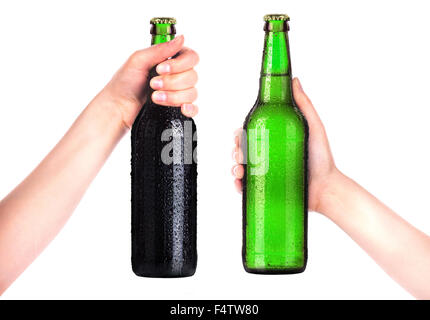 Bottle of beer with man hand making toast isolated on white background Stock Photo