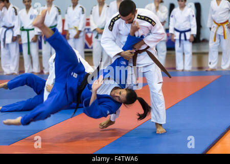 Thessaloniki, Greece, Oktober18 2015: Demonstration by men and women faculties of Japanese traditional martial arts, judo, karat Stock Photo