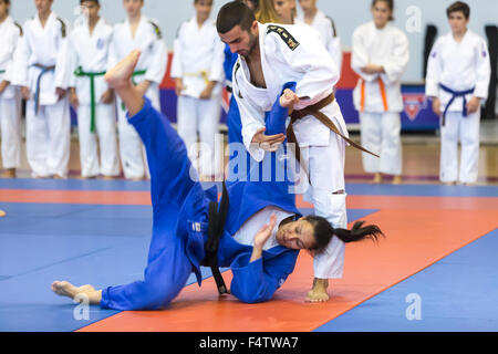 Thessaloniki, Greece, Oktober18 2015: Demonstration by men and women faculties of Japanese traditional martial arts, judo, karat Stock Photo