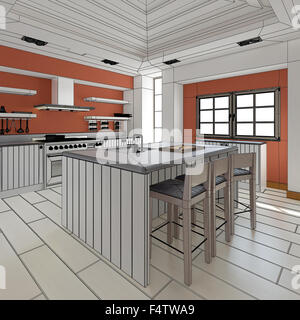 3D Interior rendering of a modern kitchen Stock Photo