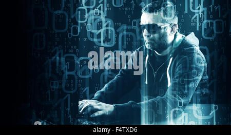 Hacker typing on laptop keyboard, binary code background Stock Photo