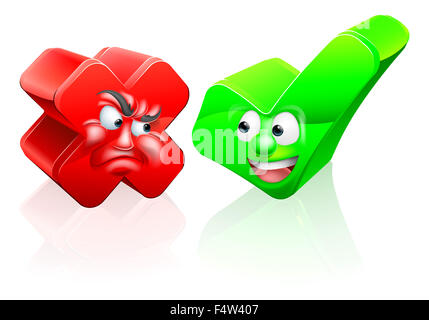 A cross or X no icon and green tick check mark icon yes icon with cartoon faces Stock Photo
