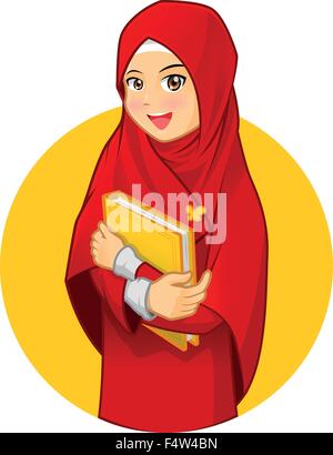 High Quality Muslim Woman with Hugging a Book Wearing Red Veil Cartoon Character Vector Illustration Stock Vector