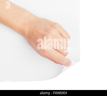 Hand turning blank page corner Stock Photo