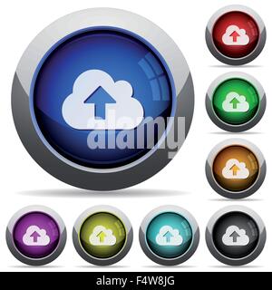Set of round glossy cloud upload buttons. Arranged layer structure. Stock Vector