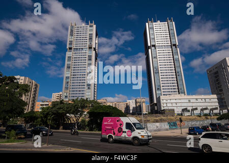 Two high rise apartment blocks in Santa Cruz, tenerife, Canary Islands, Spain. Stock Photo