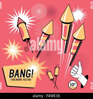 Retro Firework Rockets.Firework rockets, various angles and effects. Vector illustration. Stock Vector