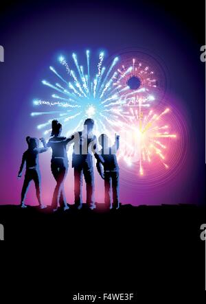 Fireworks Party. A happy family watching a fireworks display. Vector illustration. Stock Vector