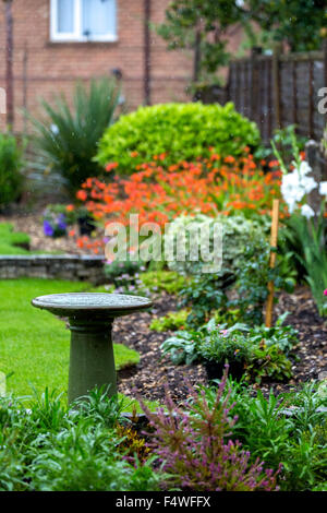 Falling summer rain on a back garden. Salisbury England UK Stock Photo