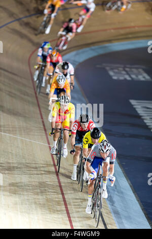 London, UK. 22nd October, 2015. 18 Moreno De Pauw (BEL), 3 Iljo Keisse (BEL), 5 Marc Hester (DEN), 13 Albert Torres (ESP) competing in the Men's 20Km Madison at 6 Day London, an elite track cycling competition, Lee Valley Velo Park, London, UK. Credit:  Simon Balson/Alamy Live News Stock Photo