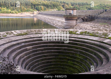 DERBYSHIRE UK - 06 Oct : Ladybower reservoir bellmouth overflow (or plug hole) and draw off tower on 06 Oct 2013 in the Peak Dis Stock Photo