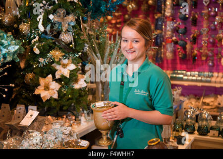 Barton Grange, Garstang, UK. 23rd October, 2015. The famous Barton Grange Garden Centre Xmas displays.  Sales assistant Georgina Lawson putting the finishing touches to the Barton Grange Garden centre's Christmas display.  Display Manager, David Fawcett-Ropner, who has worked at the centre for the last ten years, has been busy with nine of his staff making preparations for this years launch.  David started the on site build on the 7th Sept ready for today's opening day, just in time for the Autumn half time. Credit:  Cernan Elias/Ģ����ý Live News Stock Photo