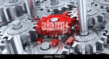 Gears and broken red gear (done in 3d) Stock Photo