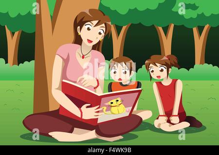 A vector illustration of teacher reading book to preschool kids in the park Stock Vector