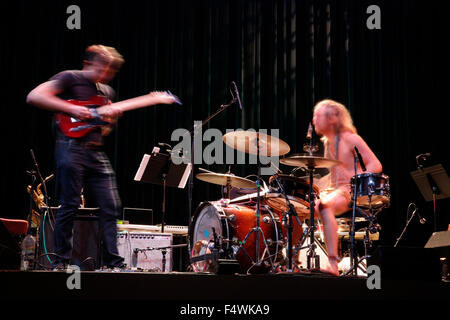 Myth Science Ensemble performs during the Wounded Galaxies Festival, at the Buskirk Chumley Theatre in Bloomington, Indiana. Oct 11, 2015. The Myth-Science Ensemble hails from Kansas City MO and consists of Thomas Aber (bass clarinet, Omaha Symphony) and Dwight Frizzell (reeds and Yamaha WX5, Kansas City Art Institute), along with supporting players from Bloomington, including reed player Marty Belcher, nationally recognized live sound effects artist Tony Brewer, and aerial silk performer Sue Rall. Myth-Science Ensemble incorporate 4-channel sound, movement, and projected images to create live Stock Photo