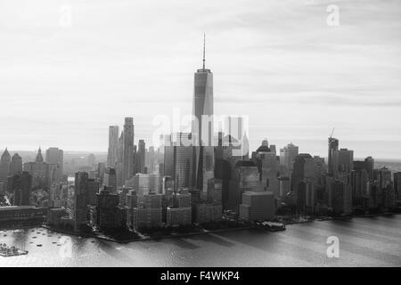 Aerial shot of Lower Manhattan and the Financial District in New York ...