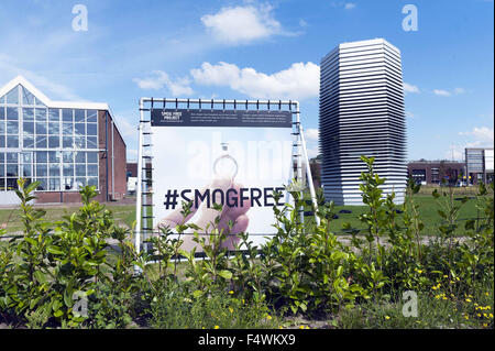 Sept. 10, 2015 - Rotterdam, The Netherlands, Holland - The international famous Dutch designer Daan Roosegaarde launched his Smog Free Project in Rotterdam, the Netherlands. The Smog Free Project creates clean urban skies and creates Smog Free Rings. .In some cities, this pollution is visible. In others, air pollutants and smog may be invisible, but the impact on our daily lives and health is very real. The Smog Free Tower produces smog-free bubbles of public space, allowing people to breathe and experience clean air for free. The first 7 meter high Smog Free Tower cleans 30.000m3 of air per h Stock Photo