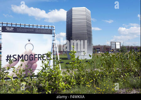 Sept. 10, 2015 - Rotterdam, The Netherlands, Holland - The international famous Dutch designer Daan Roosegaarde launched his Smog Free Project in Rotterdam, the Netherlands. The Smog Free Project creates clean urban skies and creates Smog Free Rings. .In some cities, this pollution is visible. In others, air pollutants and smog may be invisible, but the impact on our daily lives and health is very real. The Smog Free Tower produces smog-free bubbles of public space, allowing people to breathe and experience clean air for free. The first 7 meter high Smog Free Tower cleans 30.000m3 of air per h Stock Photo