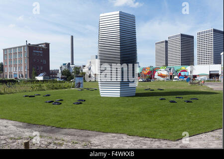 Sept. 10, 2015 - Rotterdam, The Netherlands, Holland - The international famous Dutch designer Daan Roosegaarde launched his Smog Free Project in Rotterdam, the Netherlands. The Smog Free Project creates clean urban skies and creates Smog Free Rings. .In some cities, this pollution is visible. In others, air pollutants and smog may be invisible, but the impact on our daily lives and health is very real. The Smog Free Tower produces smog-free bubbles of public space, allowing people to breathe and experience clean air for free. The first 7 meter high Smog Free Tower cleans 30.000m3 of air per h Stock Photo