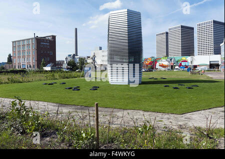 Sept. 10, 2015 - Rotterdam, Netherlands - The international famous Dutch designer Daan Roosegaarde launched his Smog Free Project in Rotterdam, the Netherlands. The Smog Free Project creates clean urban skies and creates Smog Free Rings. .In some cities, this pollution is visible. In others, air pollutants and smog may be invisible, but the impact on our daily lives and health is very real. The Smog Free Tower produces smog-free bubbles of public space, allowing people to breathe and experience clean air for free. The first 7 meter high Smog Free Tower cleans 30.000m3 of air per hour of ultra- Stock Photo