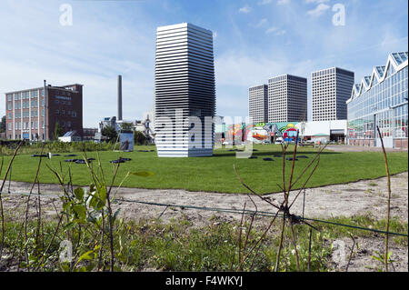 Sept. 10, 2015 - Rotterdam, The Netherlands, Holland - The international famous Dutch designer Daan Roosegaarde launched his Smog Free Project in Rotterdam, the Netherlands. The Smog Free Project creates clean urban skies and creates Smog Free Rings. .In some cities, this pollution is visible. In others, air pollutants and smog may be invisible, but the impact on our daily lives and health is very real. The Smog Free Tower produces smog-free bubbles of public space, allowing people to breathe and experience clean air for free. The first 7 meter high Smog Free Tower cleans 30.000m3 of air per h Stock Photo