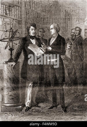 Urbain Jean Joseph Le Verrier, right, received by King Louis-Philippe, left,  at The Tuileries, Paris, France, after his discovery of the planet Neptune in 1846.  Urbain Jean Joseph Le Verrier , 1811 – 1877.   French mathematician who specialized in celestial mechanics. Stock Photo